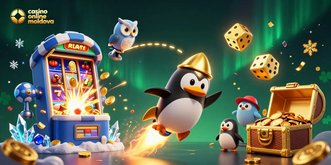 Experimentează casino online moldova cu o ilustrație vibrantă de sloturi și câteva personaje jucăușe.
