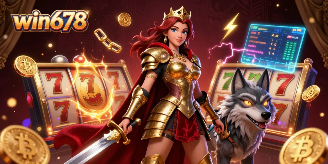 Win678 showcases a glamorous warrior queen and armored wolf in a vibrant online casino scene.