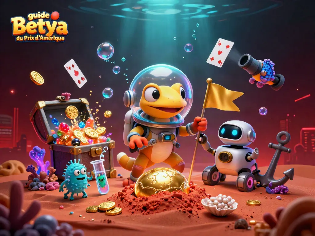 Exciting 3D casino adventure featuring the guide Betya du Prix d'Amérique with vibrant characters and energetic game elements.