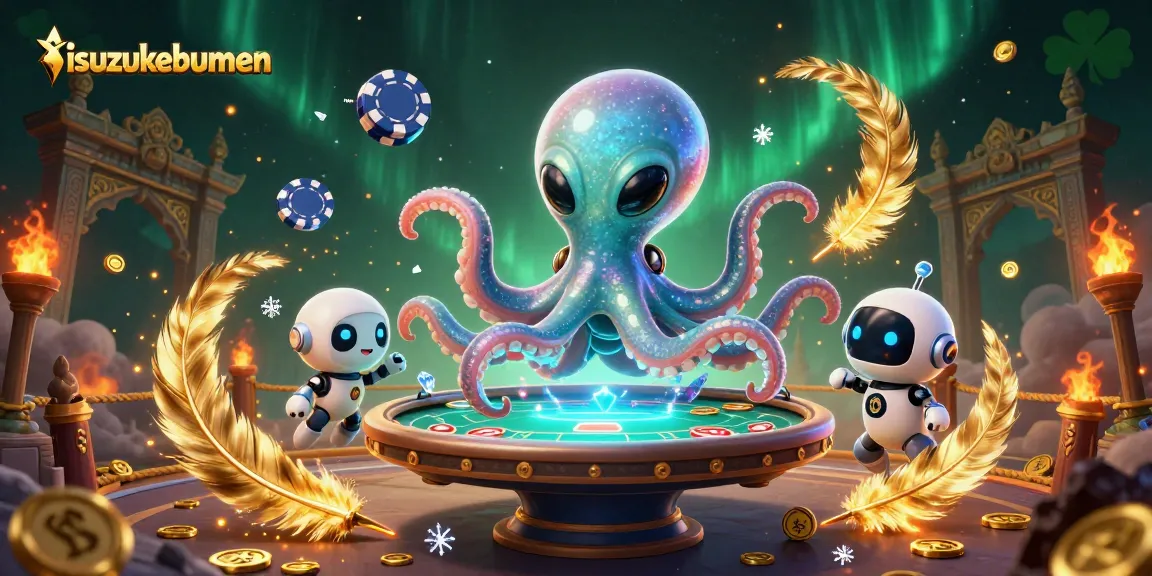 Engage with isuzukebumen's thrilling alien poker scene featuring a shimmering octopus and vibrant gaming elements.