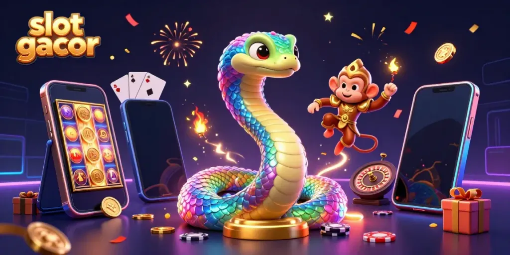 Experience the excitement of slot gacor with a vibrant casino scene featuring colorful game elements and characters.