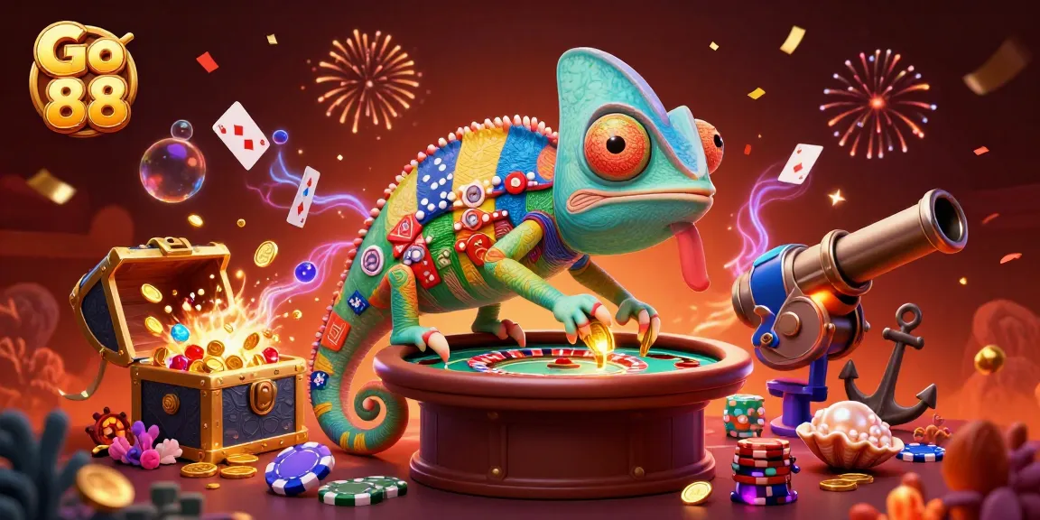 Experience the vibrant world of Go 88 with a colorful chameleon casino owner amidst gold coins and thrilling games.