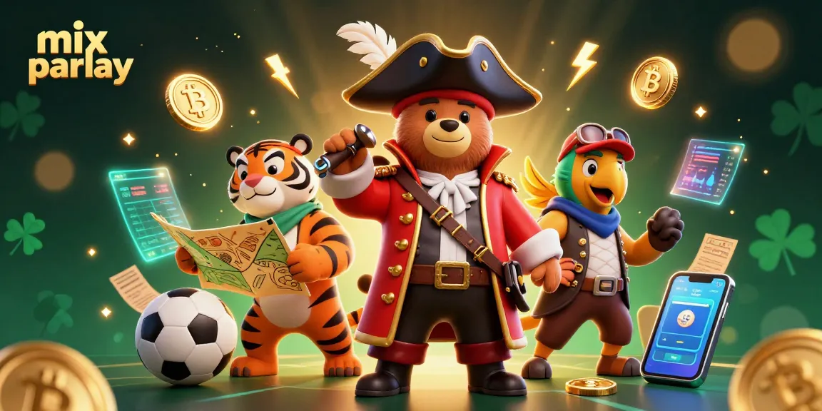 Engage with the mix parlay action featuring a pirate bear, tiger, and parrot in a dynamic sports betting scene.