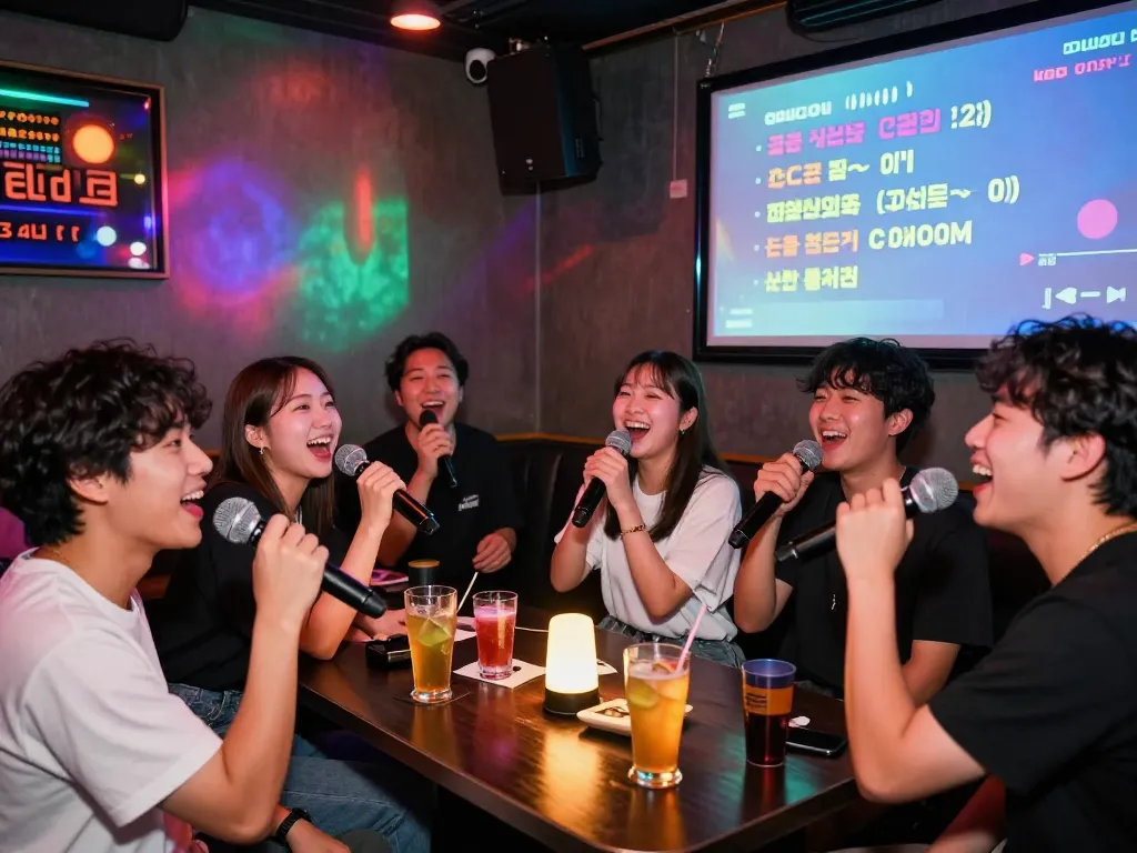 Fun and exciting 제주유흥 karaoke experience with friends enjoying drinks and singing in vibrant atmosphere.