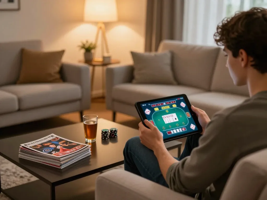 Engaging poker gameplay on 388bet tablet in a cozy home setting.