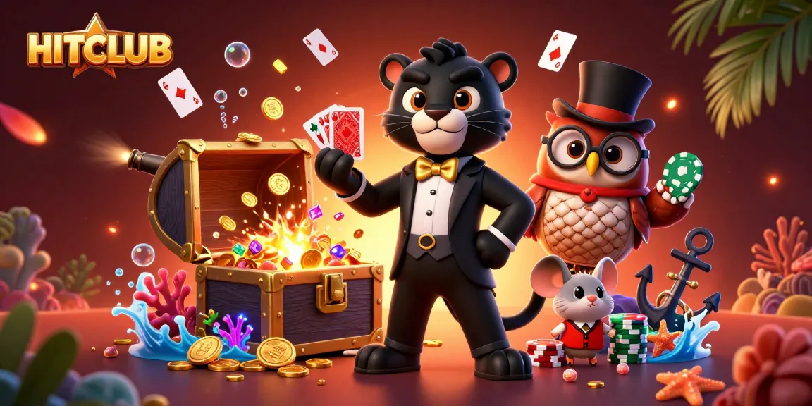 Experience the thrill of HITCLUB as characters deal cards surrounded by vibrant casino elements.