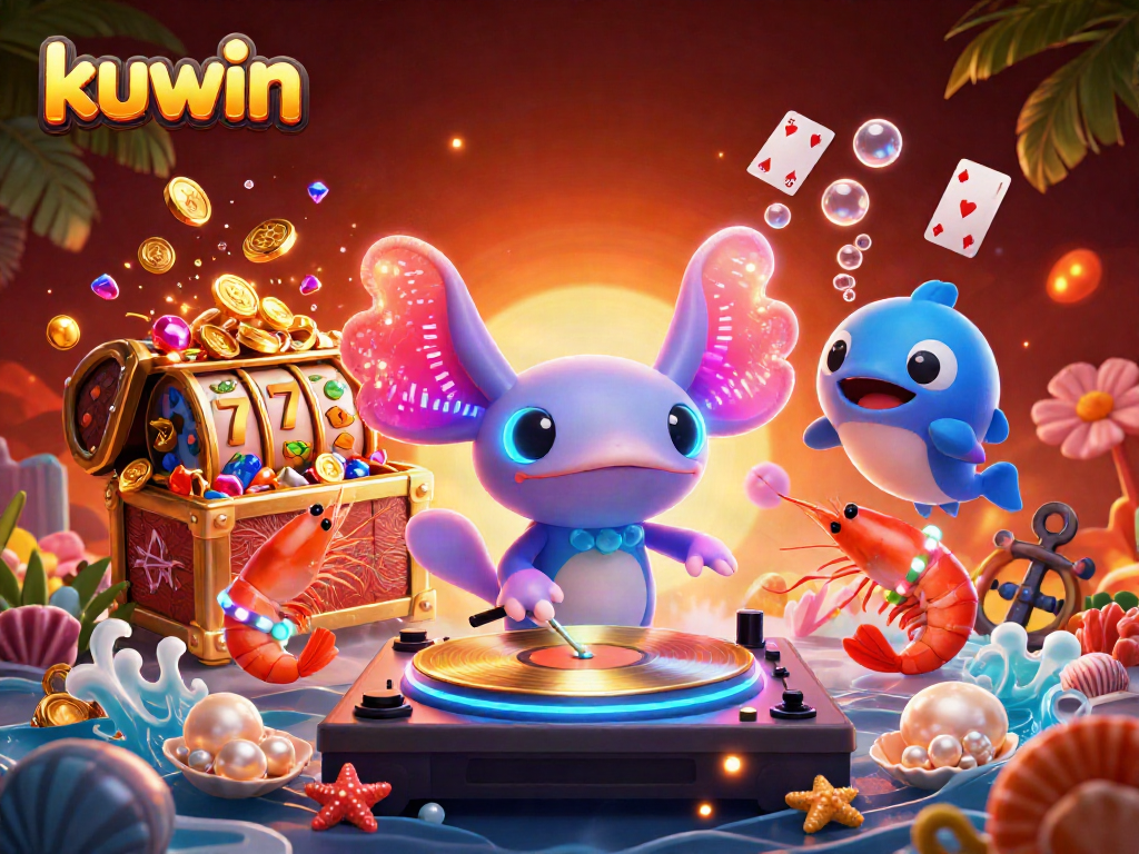 Kuwin players enjoying vibrant online casino games with dynamic characters, colorful slots, and underwater theme.