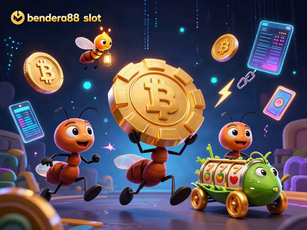 Menangkan jackpot di Bendera88 slot dengan ilustrasi 3D tim semut beraksi mencuri chip poker emas besar.