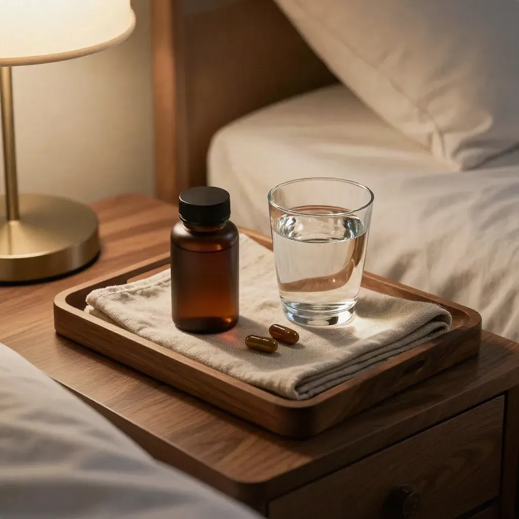 Top-down bedside still life with softgel bottle, capsules, water glass and linen tray.