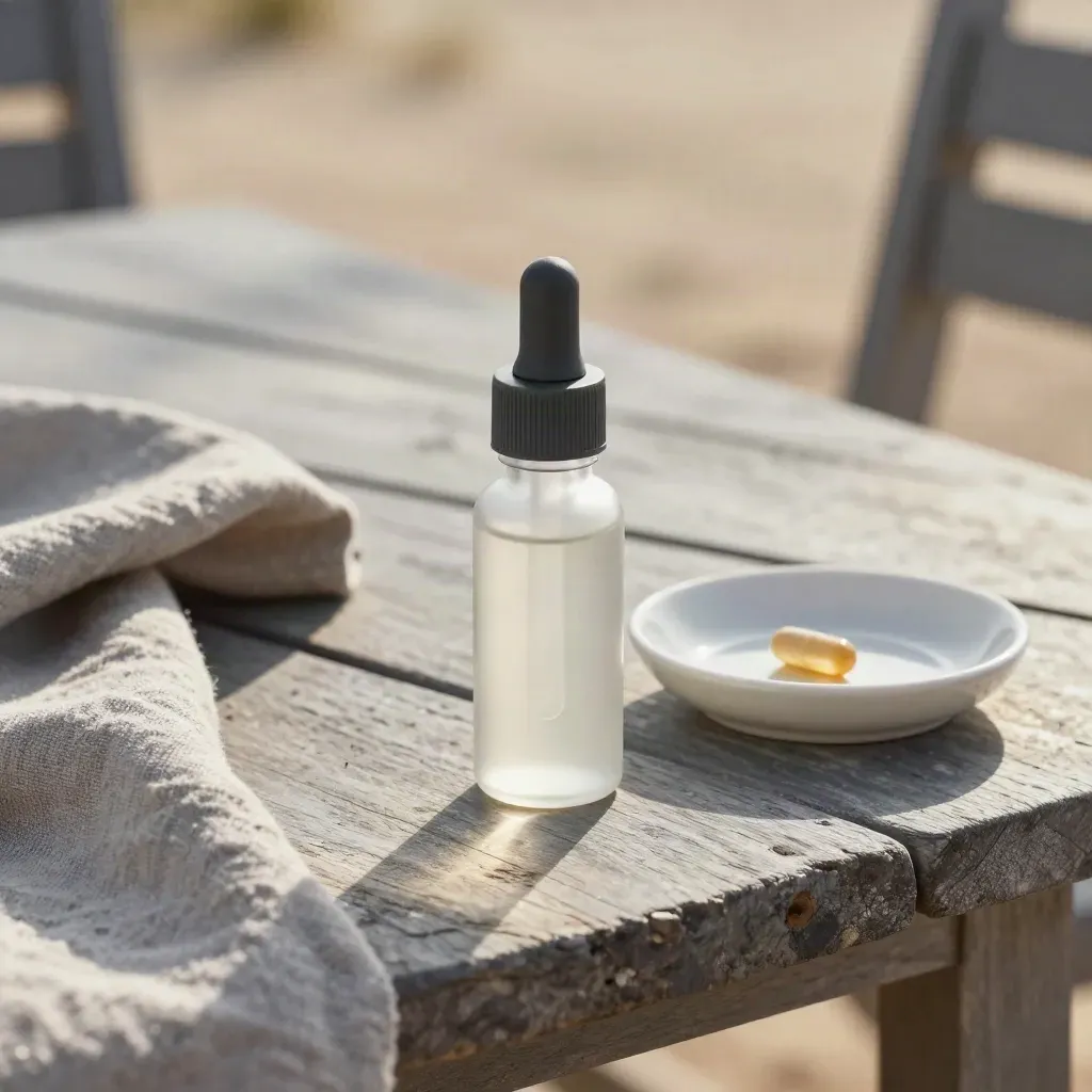 Dropper bottle, ceramic dish, and capsule on a wind-lifted porch table.