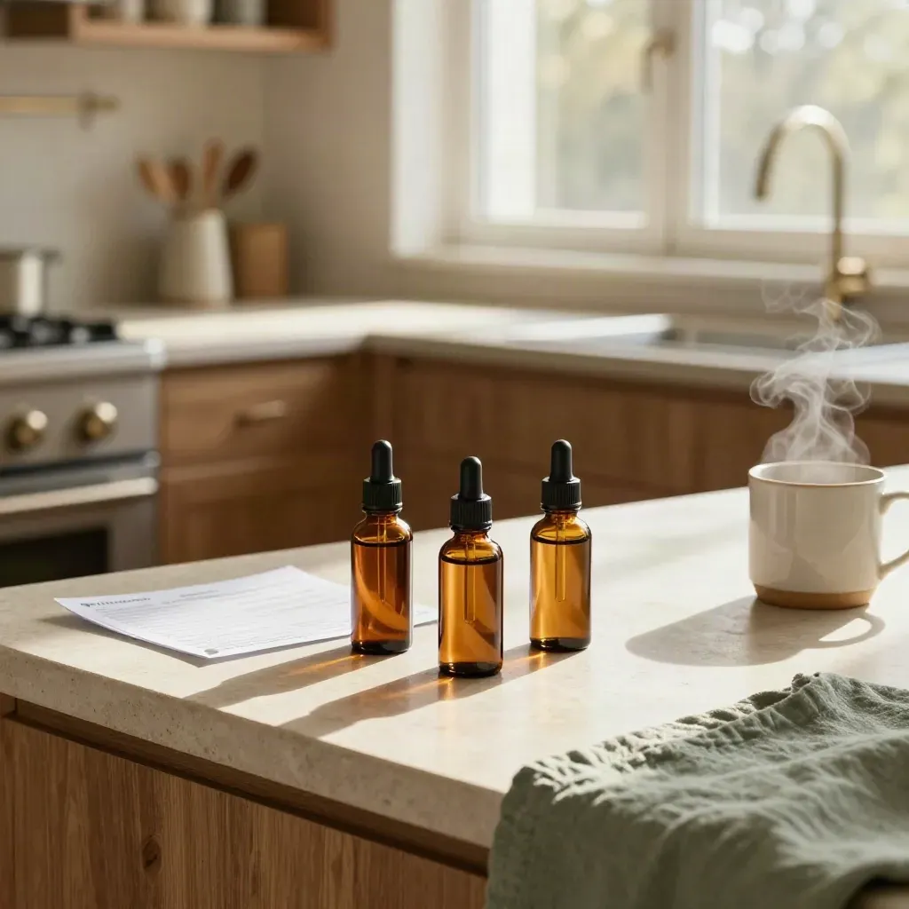 Three amber CBD tincture bottles with guide and lab report on a sunlit kitchen counter.