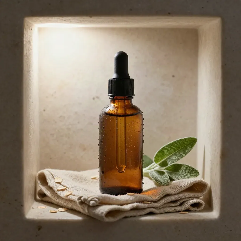 Macro of a broad-spectrum CBD dropper bottle in a frosted bathroom niche with linen and a small plant