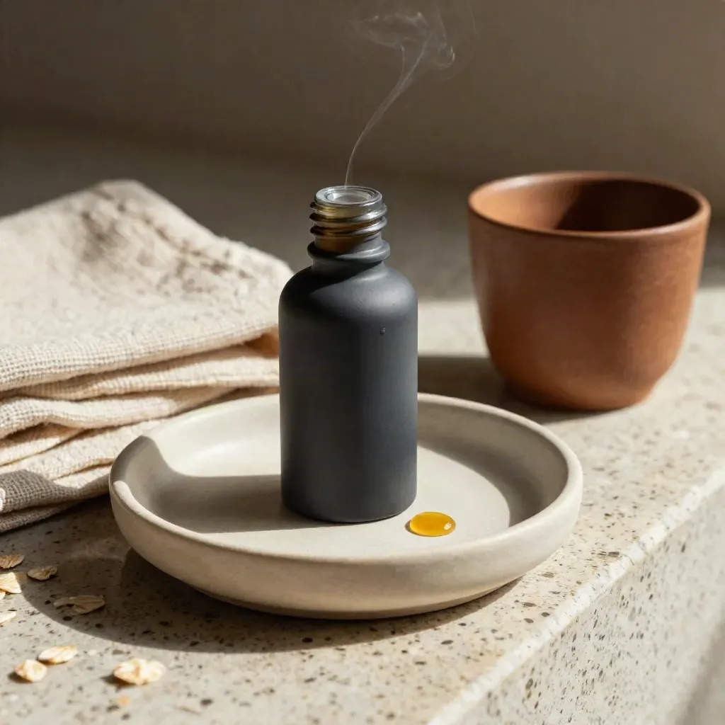 Full-spectrum CBD oil bottle with dropper in a ceramic dish beside towel and cup.