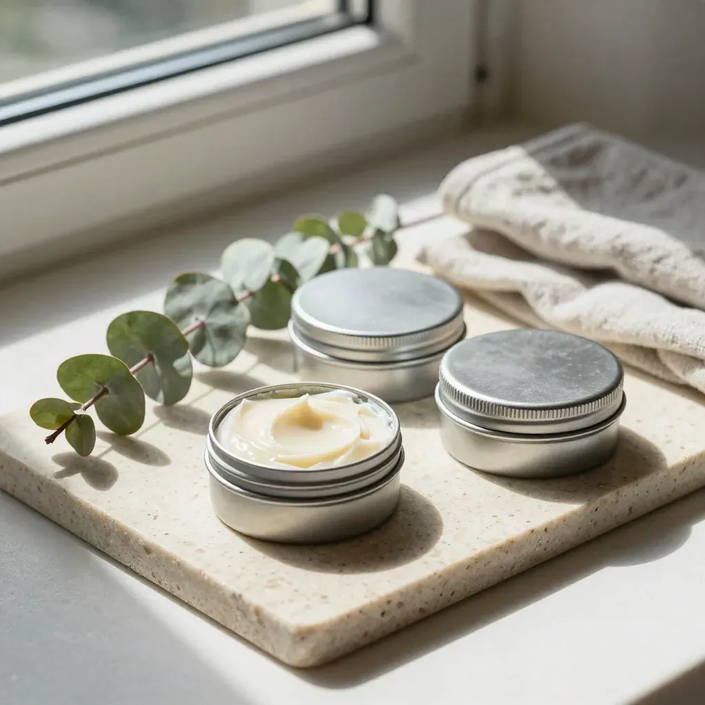 Open CBD balm tin with two closed tins and eucalyptus on a travertine tray.