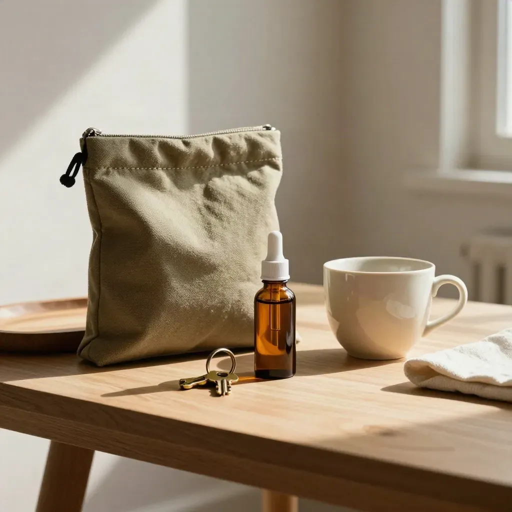 CBD drops, pouch, keys and coffee cup on an entry table in morning light