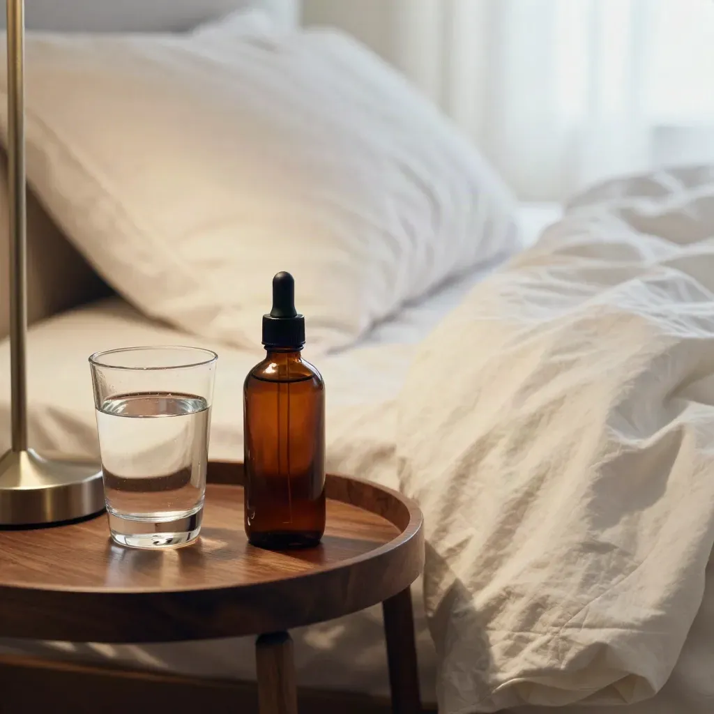 Sleep oil bottle beside a lamp, water glass, and folded duvet in a calm bedside scene.
