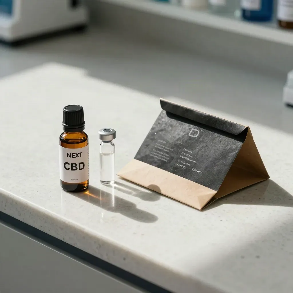 CBD bottle, sealed vial, and closed lab results sleeve on a bright travertine counter.
