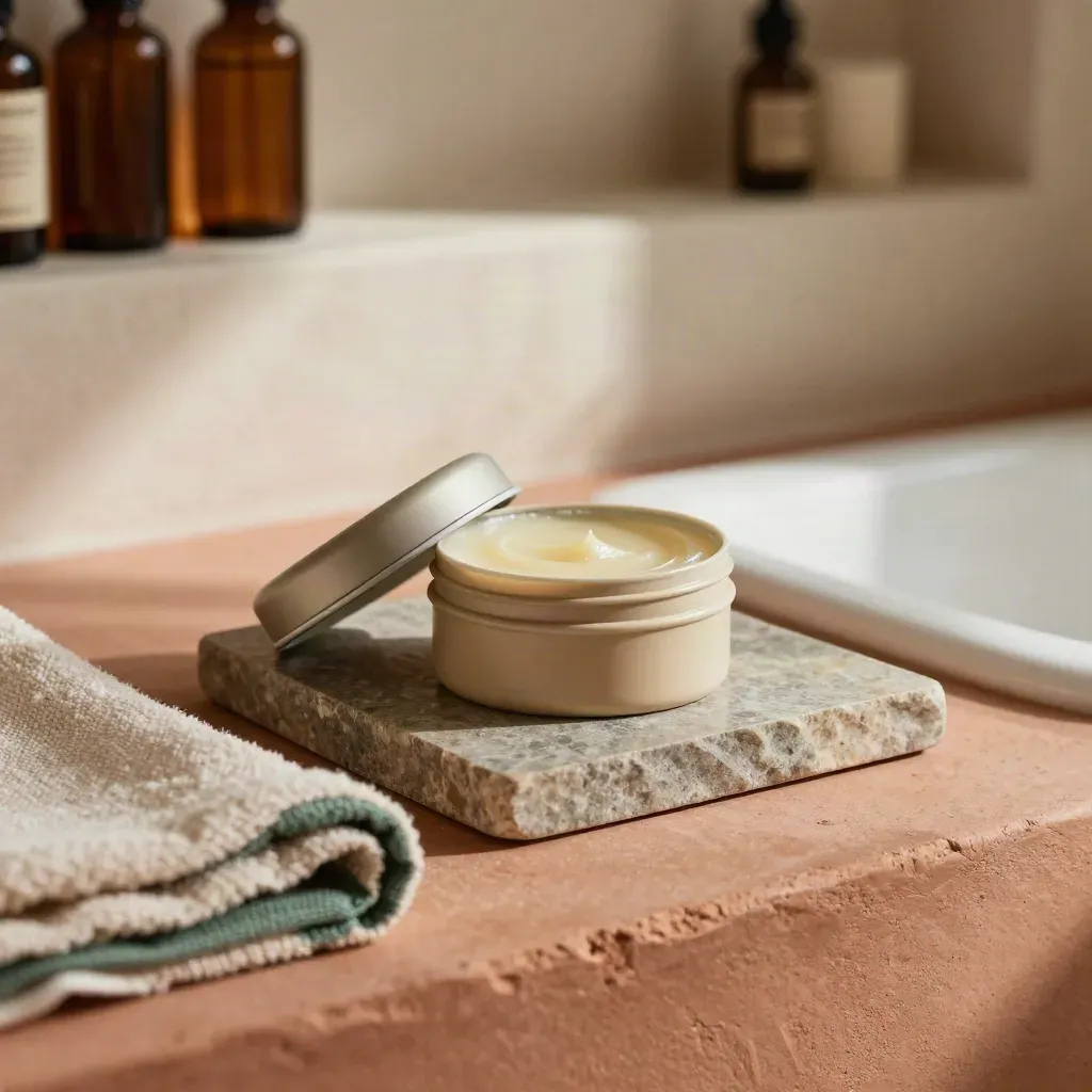 Open balm tin on stone tray with towel, lit by a hard upper-left beam in a calm wellness nook.