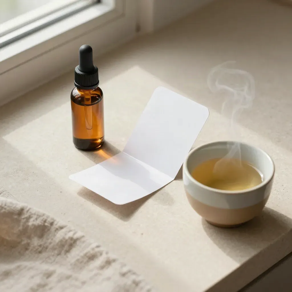Top-down CBD dosing still life with amber bottle, folded card, and ceramic cup on pale stone.