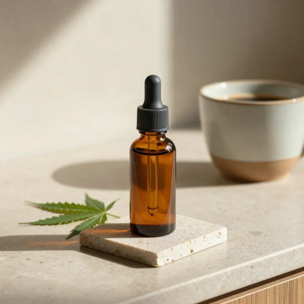 CBD dropper bottle beside a coffee cup and hemp leaf on a sunlit kitchen counter