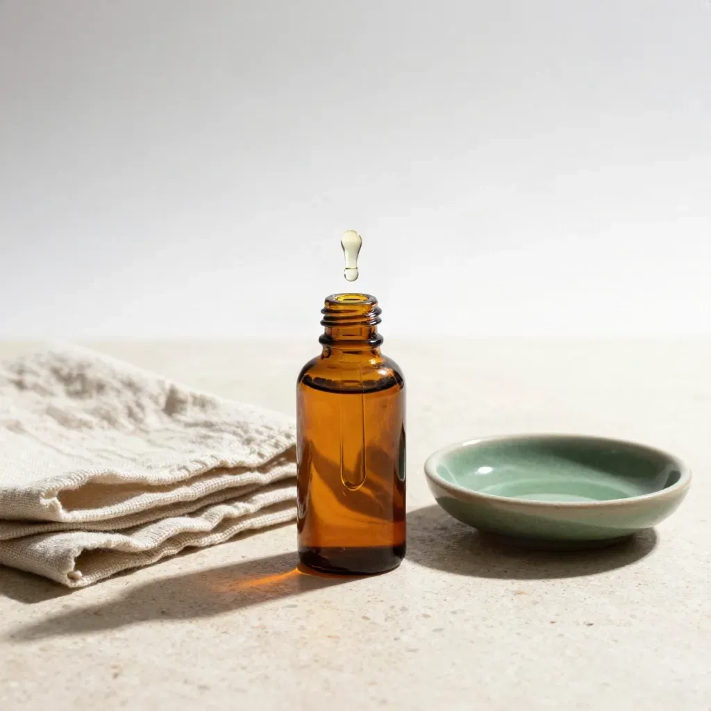 Amber tincture dropper, linen square and ceramic dish on stone, oil bead at the tip.