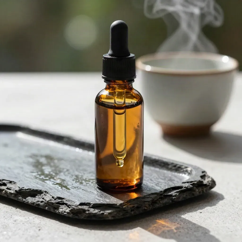 Amber CBD oil bottle with dropper settling back on a dark stone tray, steam drifting behind.