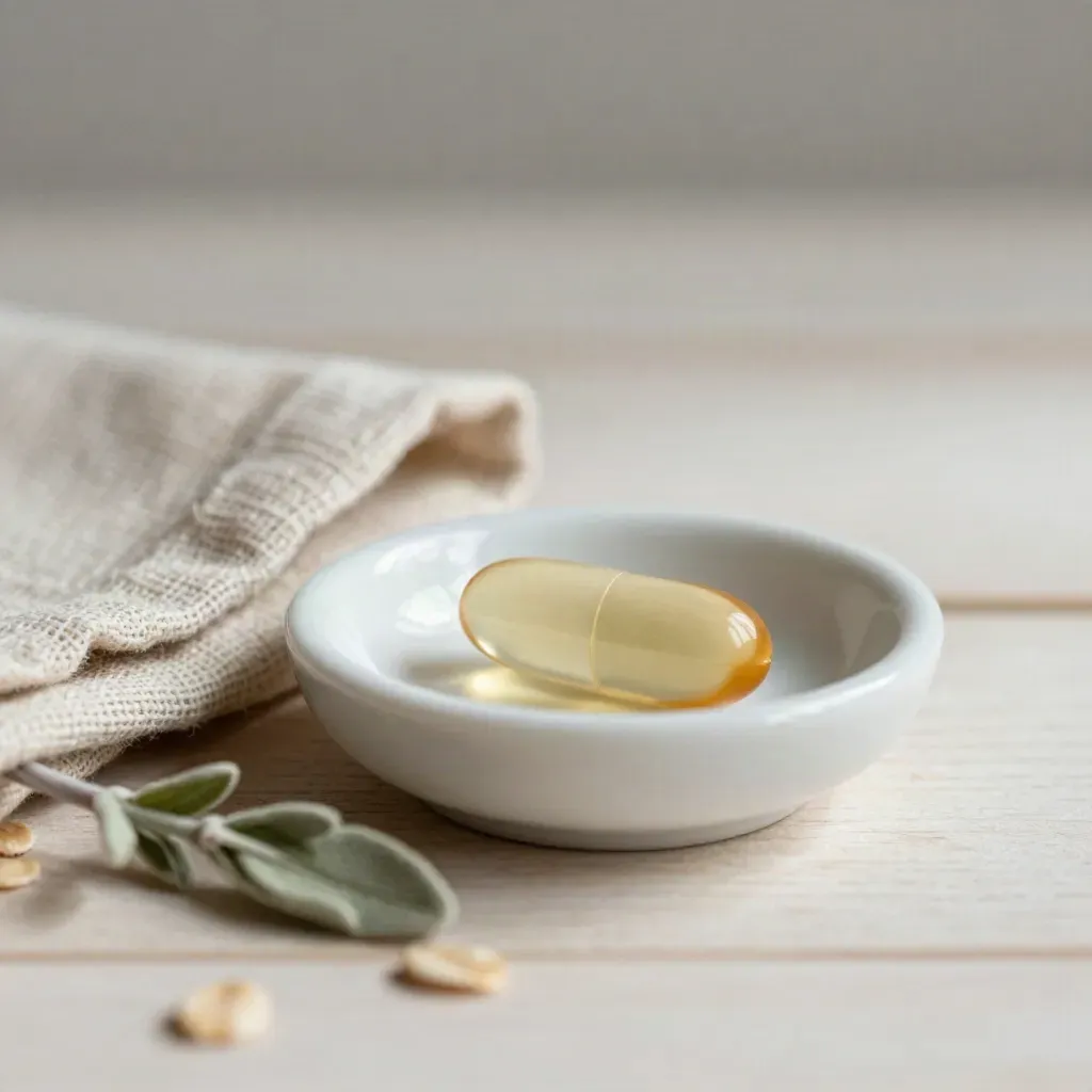 Night softgel capsule in a ceramic dish with linen and sage sprig on pale wood.