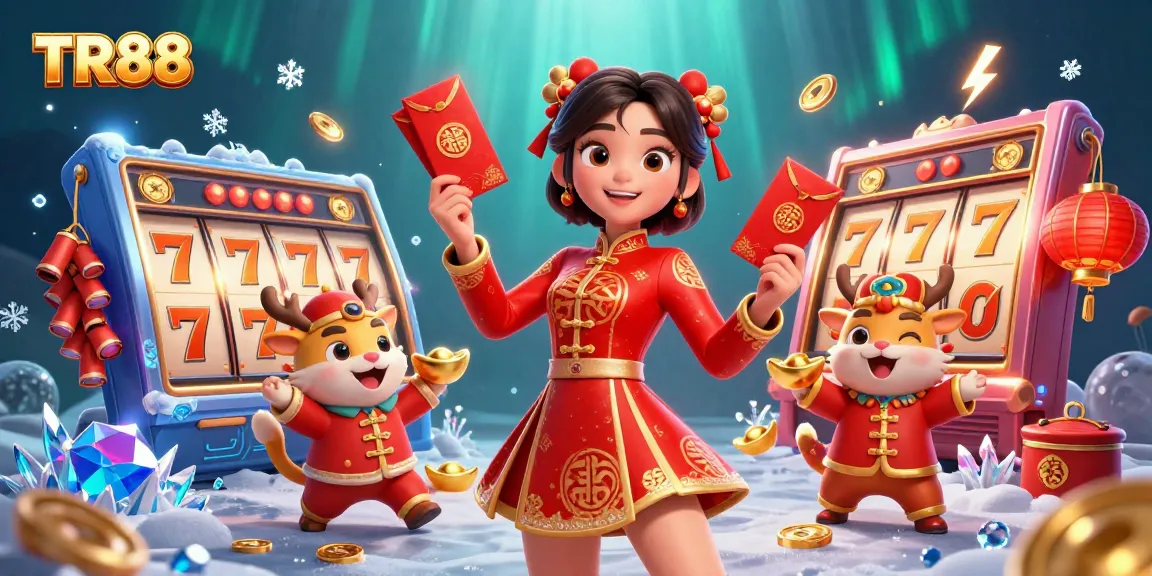 Play TR88 with a vibrant Lunar New Year scene showcasing exciting slot elements and jackpot chances.