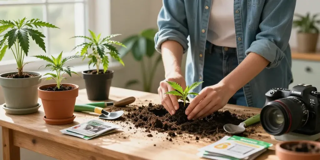 Cannabissamen kaufen planted in rich soil, with gardening tools and healthy plants around, creating a vibrant indoor gardening atmosphere.