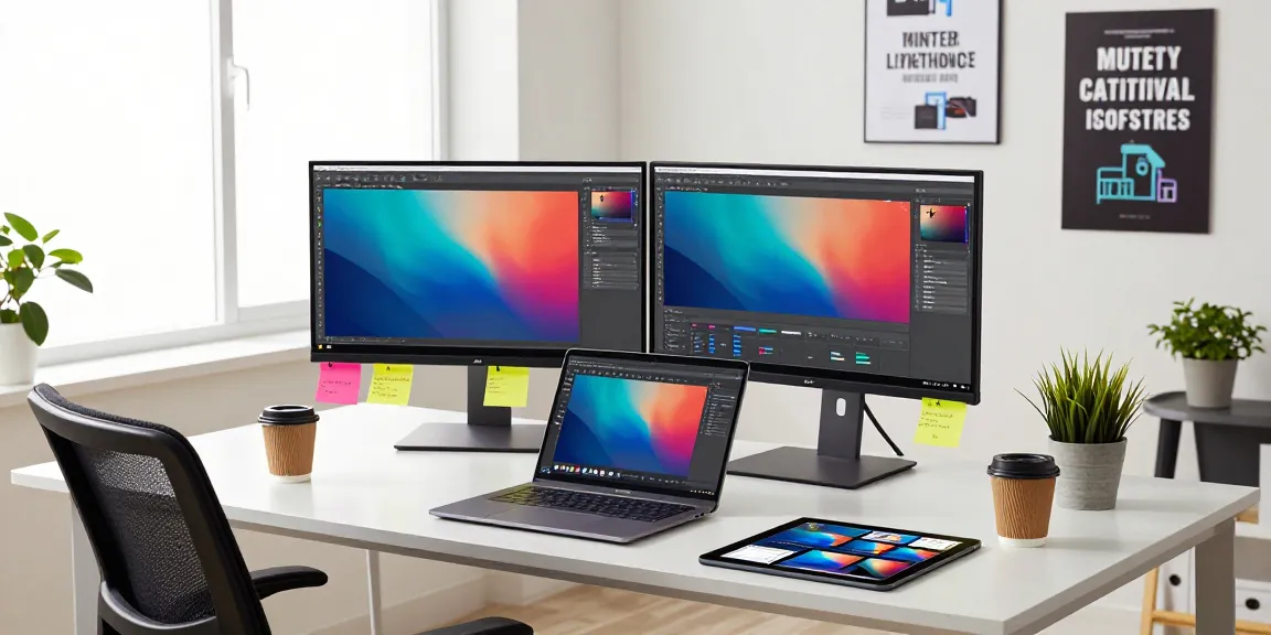 An innovative workspace featuring Snipaste官网's powerful screenshot tool with vibrant displays and a designer at work.