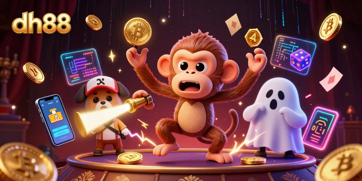 Engaging dh88 casino atmosphere featuring golden juggled objects amidst digital crypto elements.