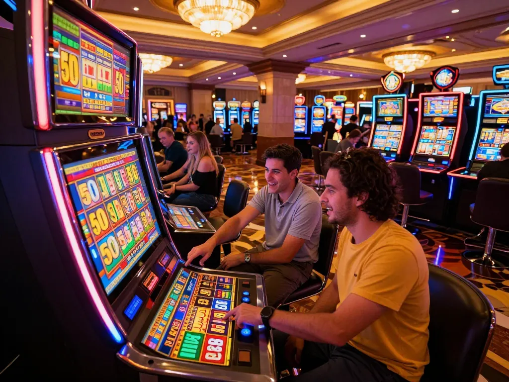 Player engaging with a slot machine game featuring slot bet 50, vibrant casino atmosphere with colorful lights and sounds