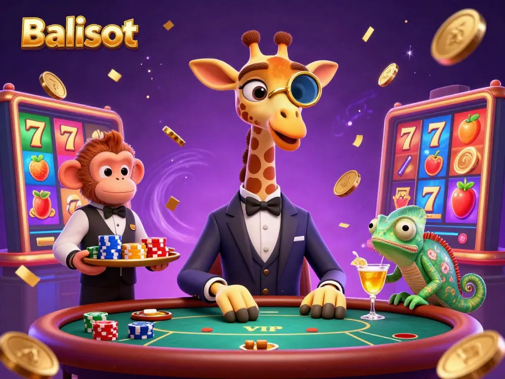 Balislot showcases vibrant slot elements with a high-roller giraffe celebrating wins at a poker table.