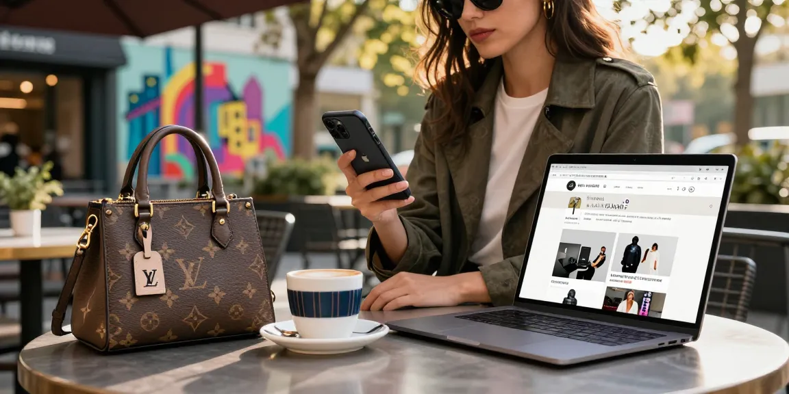 Vintage urban scene: individual engaging with a stylish 레플리카 쇼핑몰 on a smartphone while enjoying coffee outdoors.