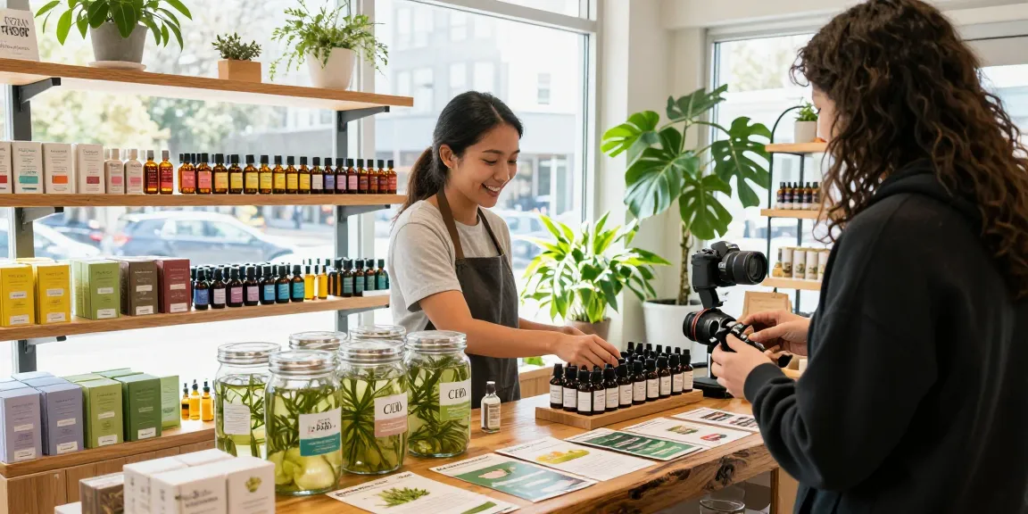Shop organic CBD products in Canada, showcasing premium oils and a welcoming atmosphere