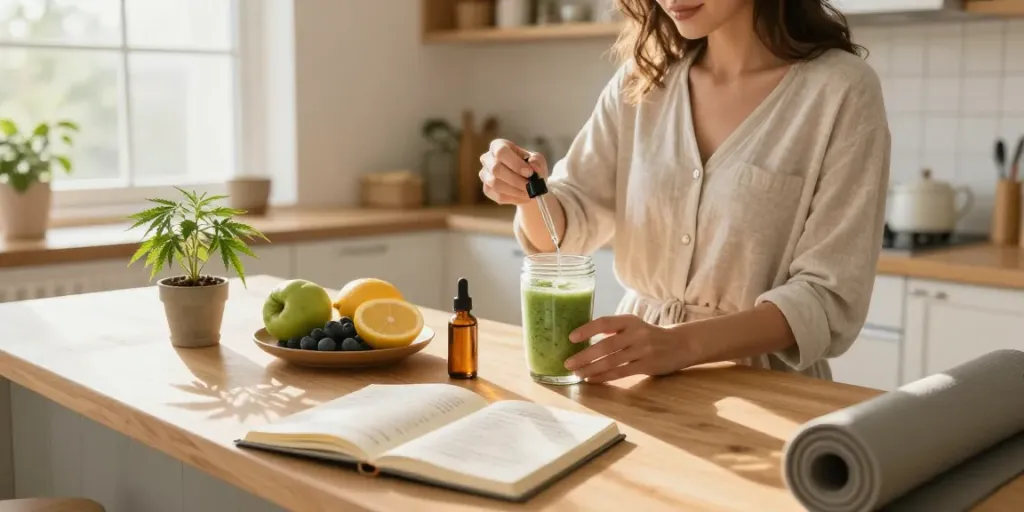 Buy Weed Online in the UK while enjoying CBD-infused wellness smoothies, highlighting natural ingredients and healthy living.