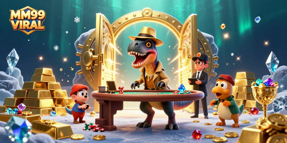 Experience the thrill of MM99 VIRAL with a unique twist featuring animated characters in a dynamic casino scene.