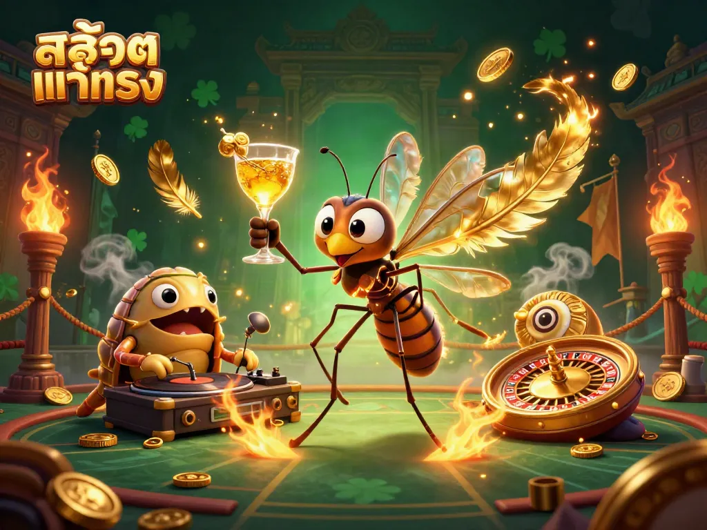 Experience สล็อตแท้ตรง in a vibrant casino atmosphere with uniquely designed characters and elements.