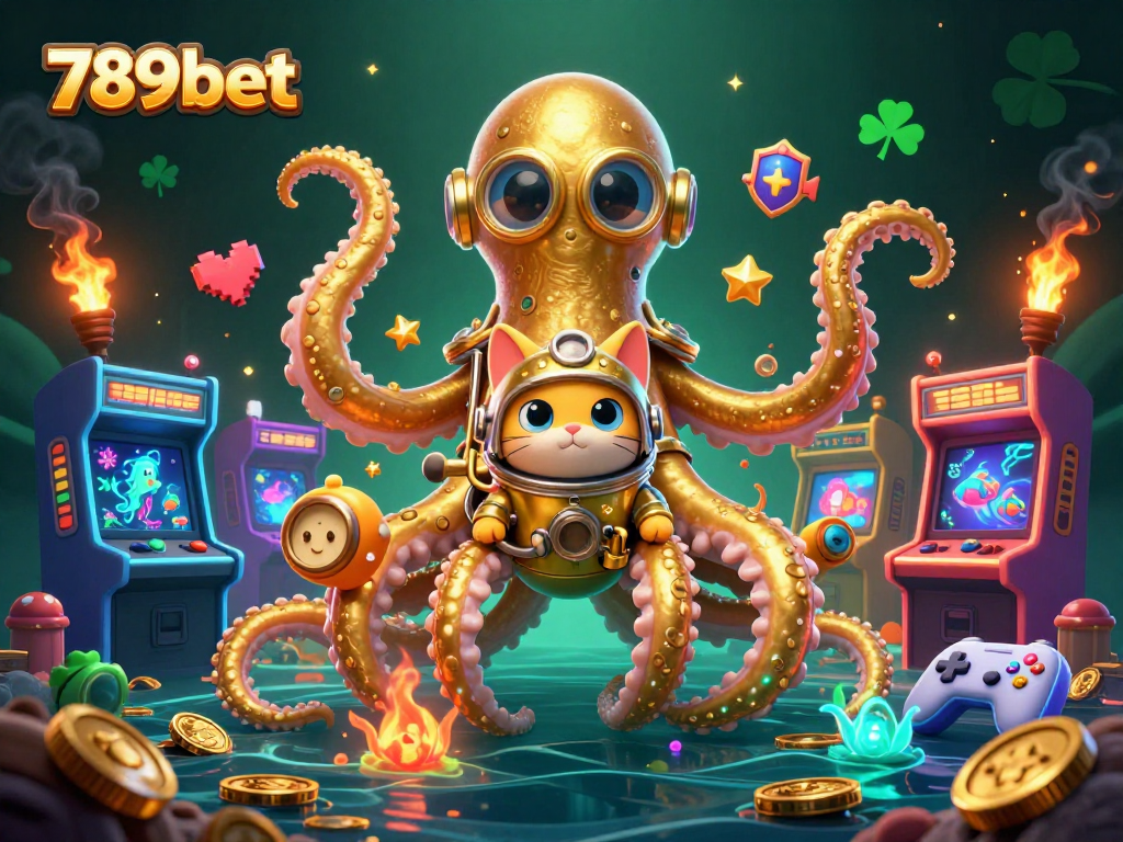 Engage with 789bet's thrilling gaming experience featuring a golden kraken and interactive arcade machines.
