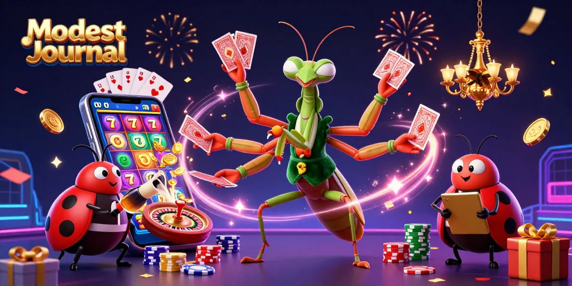 Modest Journal showcases a vibrant casino scene with dynamic characters, slot games, and festive elements.