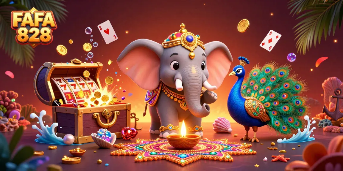 Engage with FAFA 828's vibrant casino world featuring slot reels and excited characters.