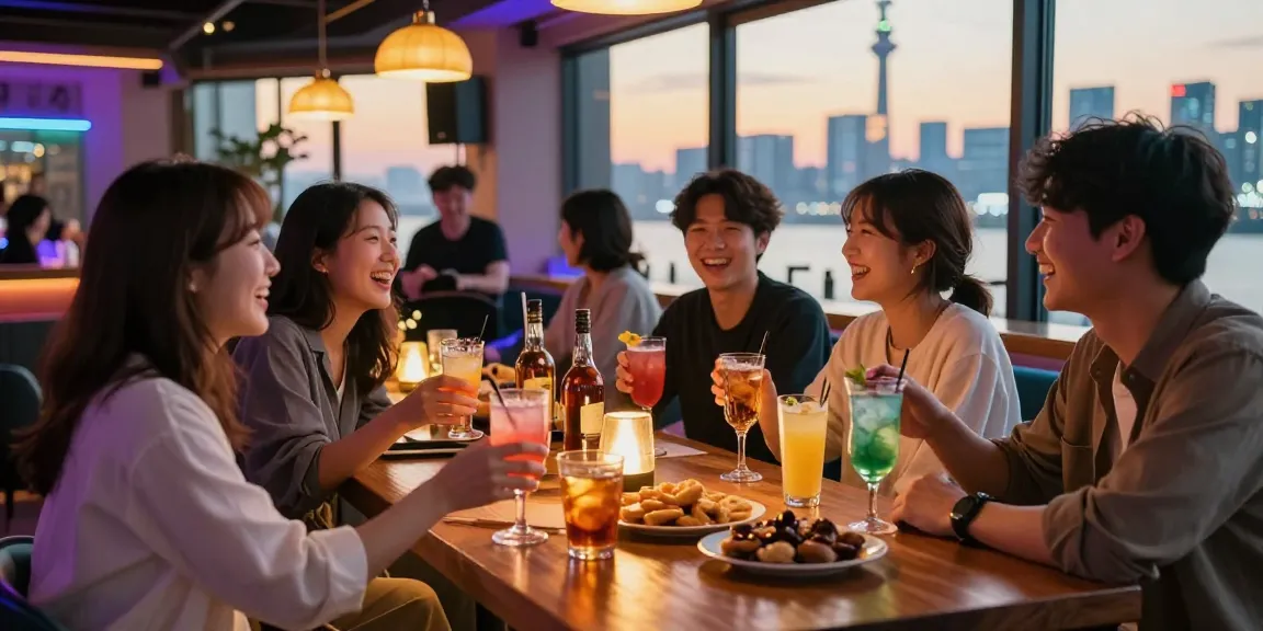 Vibrant 제주유흥 scene showcasing friends enjoying drinks in a stylish bar.