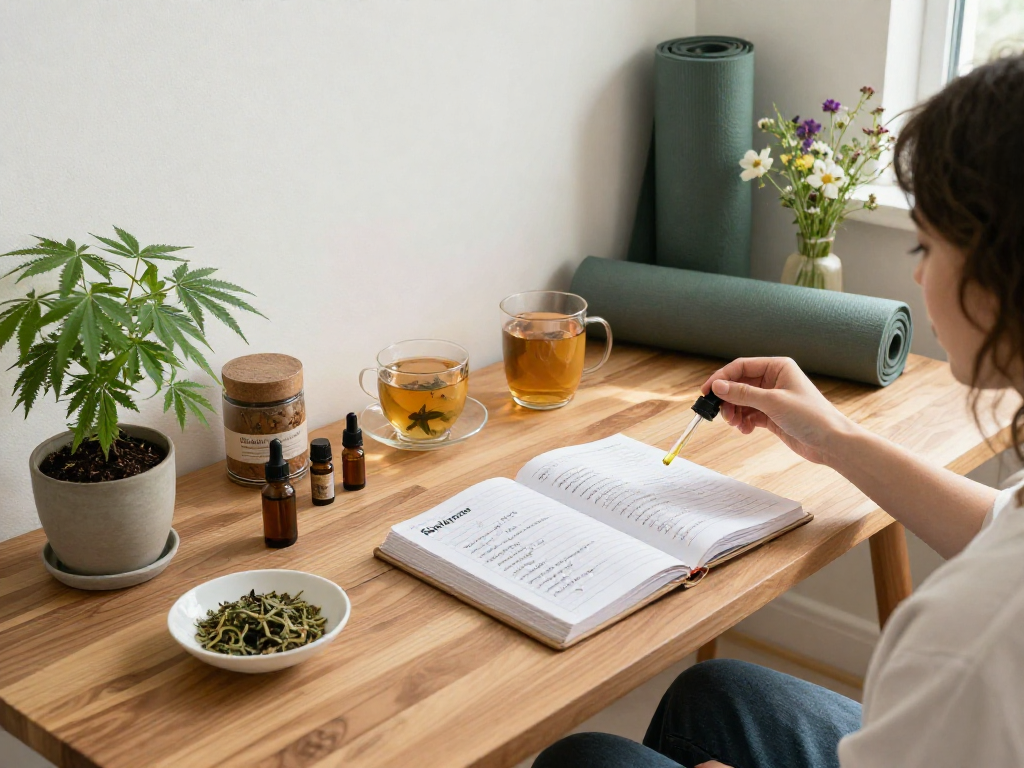 top shelf flower delivery featuring CBD oil, hemp plant, wellness planner, and essential oils in a serene workspace