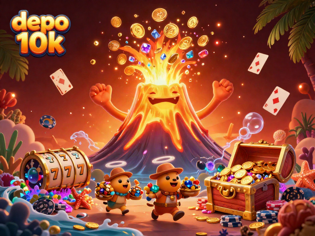 Engage with depo 10k for thrilling slots action, featuring golden volcano and treasure elements.