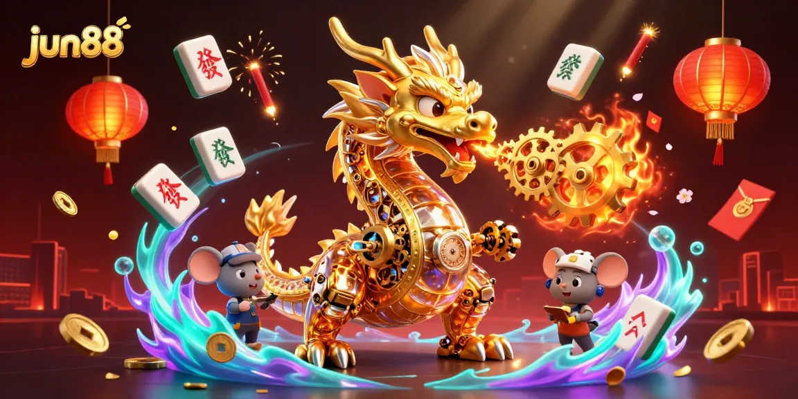 Experience exciting gameplay at jun88 where a golden dragon breathes gears amidst casino elements.