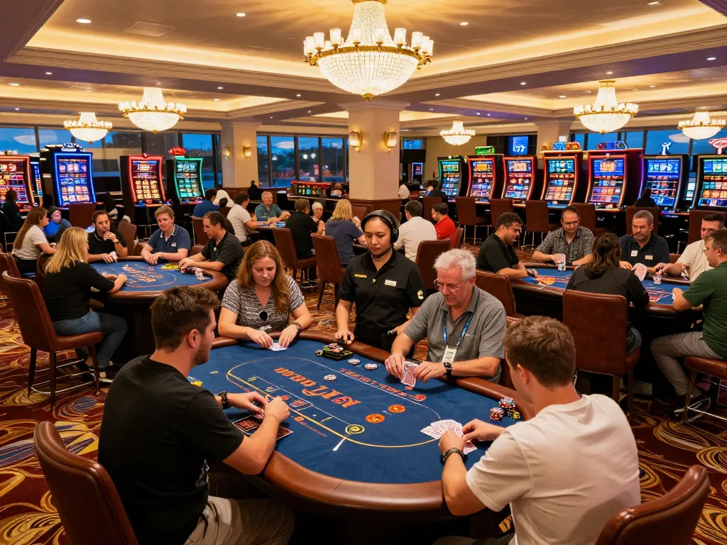 Experience dynamic gameplay at USBET with players placing bets at poker tables in a luxurious casino.