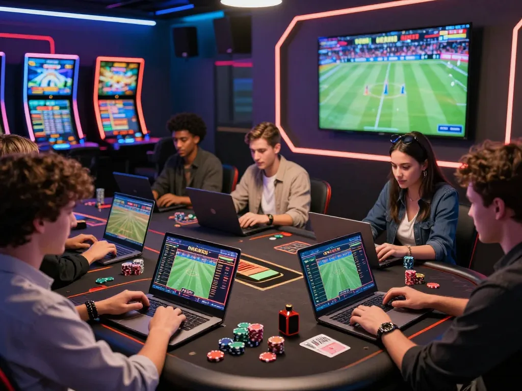 TIN TỨC hubet88 showcases dynamic online gambling atmosphere with people engaged in sports betting, colorful screens, and modern design elements for 2026.