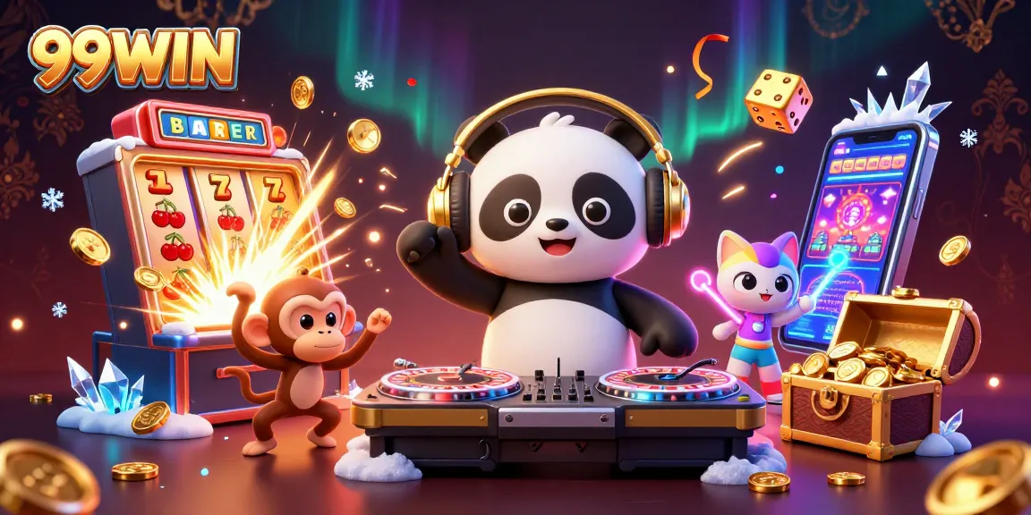 Join the excitement at 99WIN with a lively 3D casino party illustration featuring vibrant characters and gaming elements.