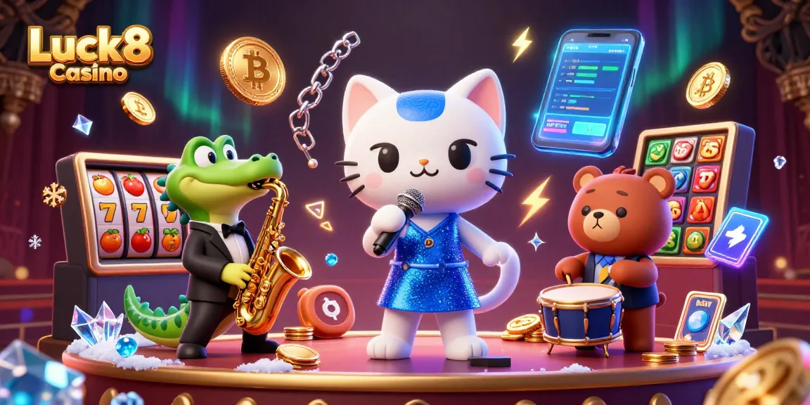 Experience the vibrant atmosphere of Luck8 Casino with singing characters, slot reels, and crypto elements.