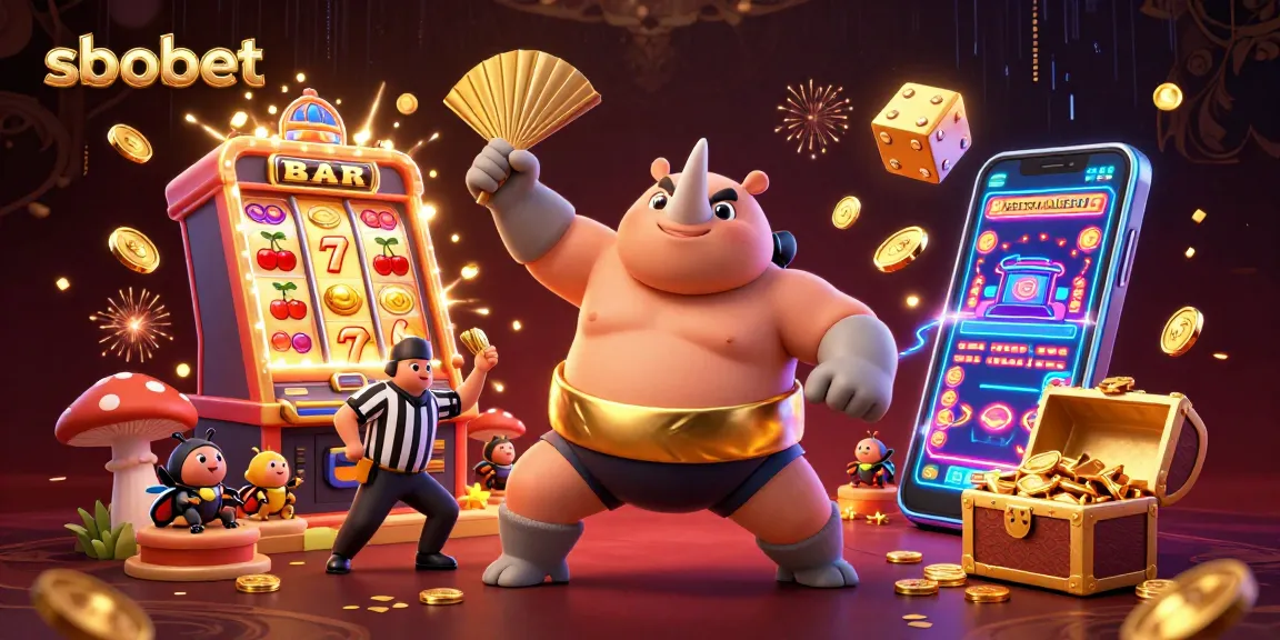 Experience sbobet thrills with a dynamic illustration of a sumo beetle champion amidst exploding casino symbols and coins.
